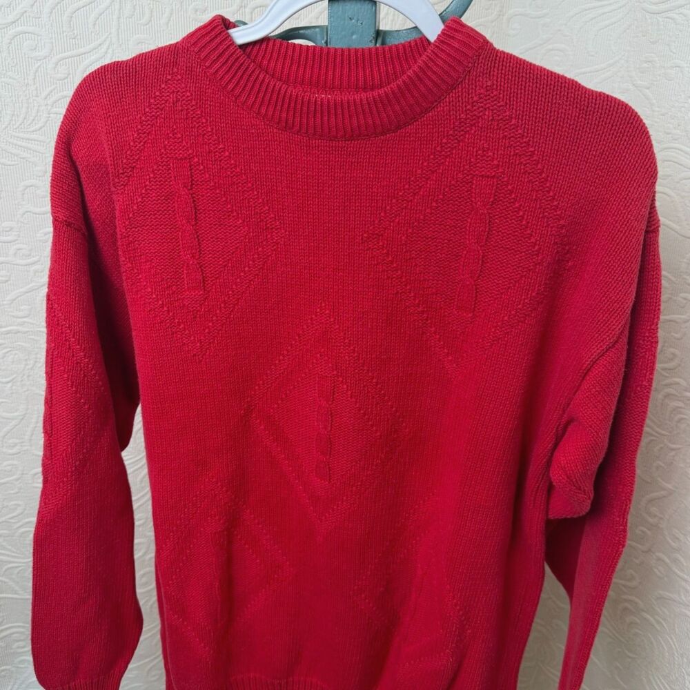 Vtg The Fox Collection Red Crewneck Sweater Textured Diamond Knit 100% Cotton M